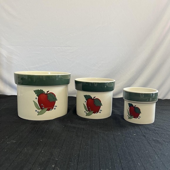 The Unbranded Brand Other - VTG Style Apple Ceramic Crock Set 3 Piece Nesting Kitchen Canisters Green Rim